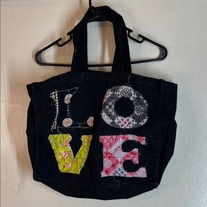 Dovetail Black LOVE Denim Tote Bag with sewn letters